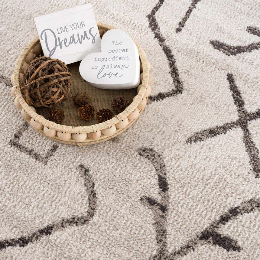 Close-up of Azzan Cream & Charcoal Area Rug. Southwestern style rug with a textured cream base and charcoal geometric pattern. Styleshot