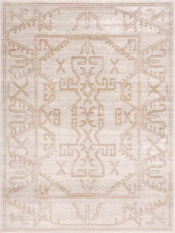 Close-up of the Divya Cream & Gold Area Rug. Features a Southwestern-inspired geometric pattern in cream and gold hues. Design-Rectangle-46