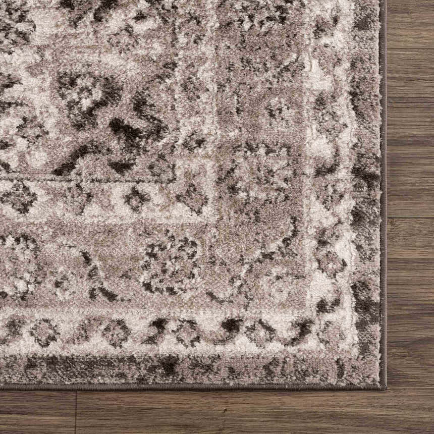 Close-up of Albie Charcoal & Beige Area Rug showing its traditional floral pattern, soft texture, and neutral color palette. Swatch