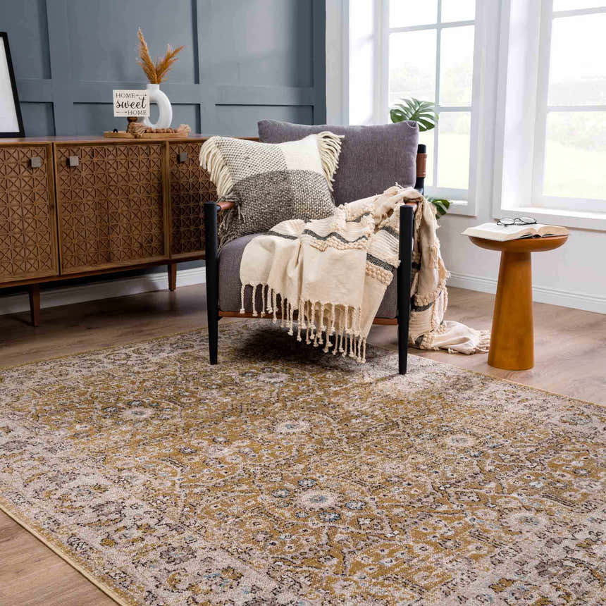 Living room scene with Anana Gold & Beige Area Rug, gray chair, wood cabinet, and natural light from a window. Roomscene-Rectangle