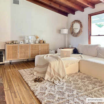 Living room with a cream sectional sofa and Prompton Cream Plush Area Rug. Roomscene-Rectangle