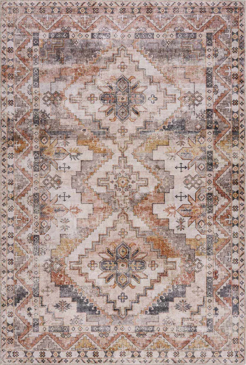 Detailed beige Isugod Washable Area Rug with brick red, brown, and black traditional Southwestern-style geometric pattern. Design-Rectangle-23