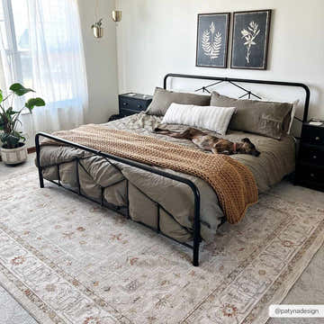 Bedroom scene with a Richelieu Thick Luxe Turkish Rug, black metal bed, neutral bedding, and a dog resting on the bed. Roomscene-Rectangle