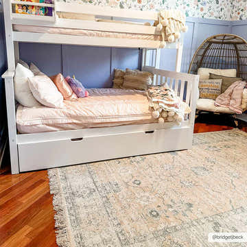Kids bedroom with white bunk beds and a Robins Handmade Cotton-blend Rug in camel, green, and ivory. Roomscene-Rectangle