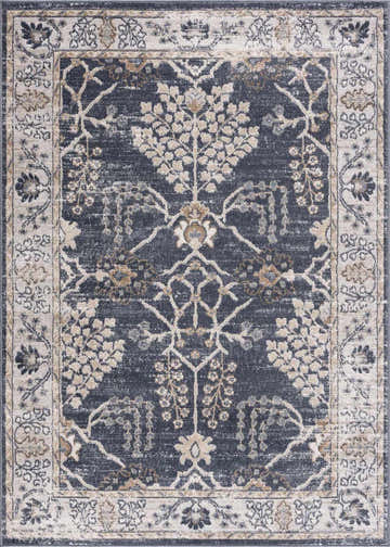 Close-up of the Scalby Area Rug. Denim, cream, and beige floral pattern with a traditional, farmhouse style. Design-Rectangle-527