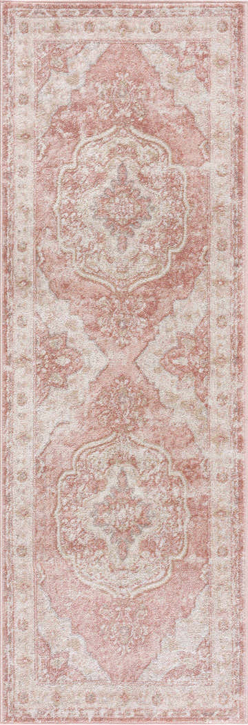 Close-up of the Kandos Blush & Light Pink Area Rug. Features a traditional, oriental pattern in pale pink, cream, and light beige. Design-Runner-2773