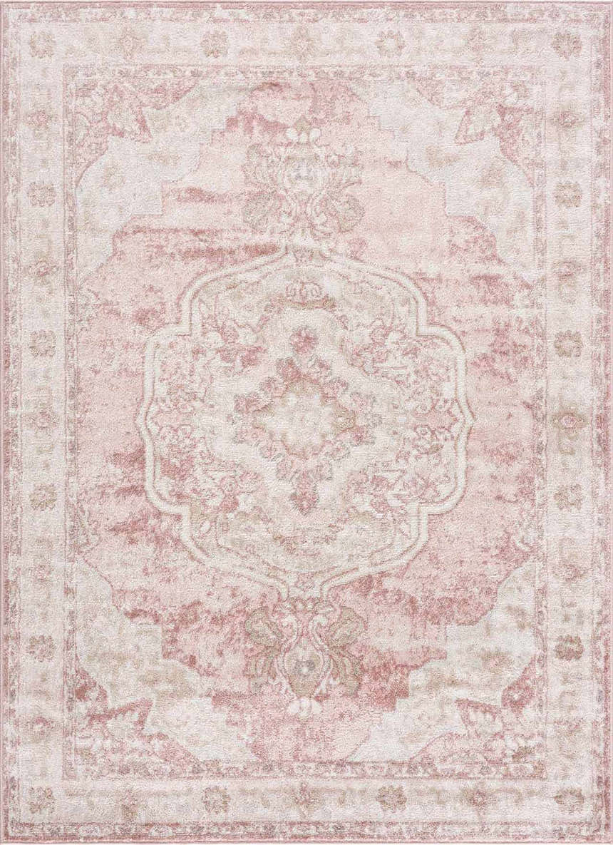 Close-up of the Kandos Blush & Light Pink Area Rug. Features a traditional oriental design in cream, beige, and pale pink tones. Design-Rectangle-527