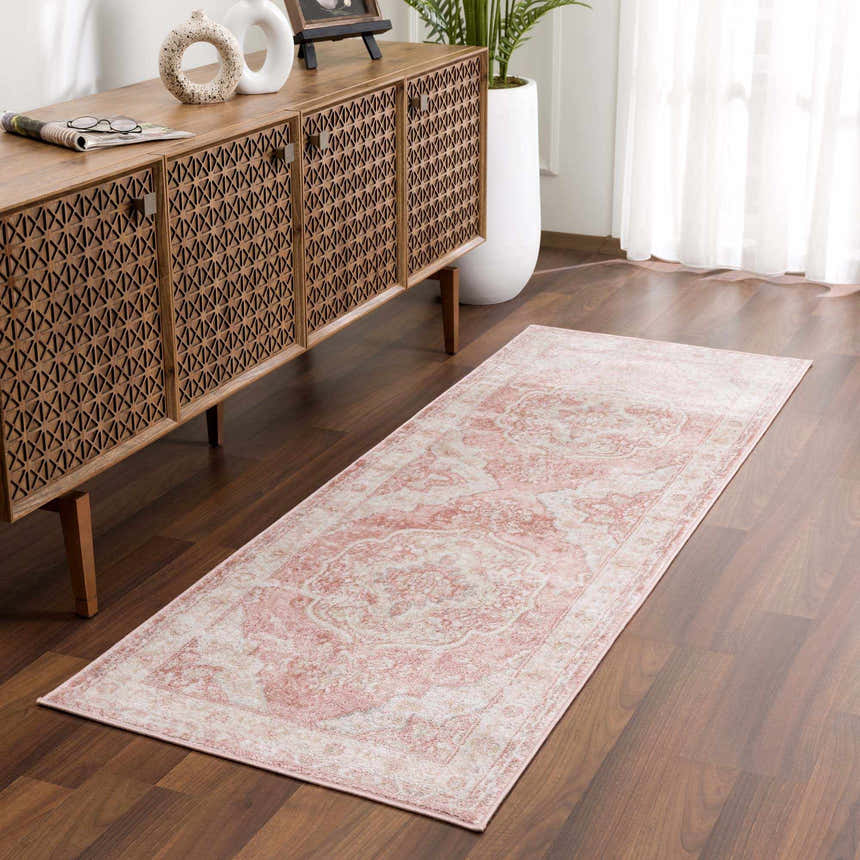 Hallway scene with a Kandos Blush & Light Pink Area Rug, wood console table, and hardwood floors. Neutral, warm, inviting. Roomscene-Runner