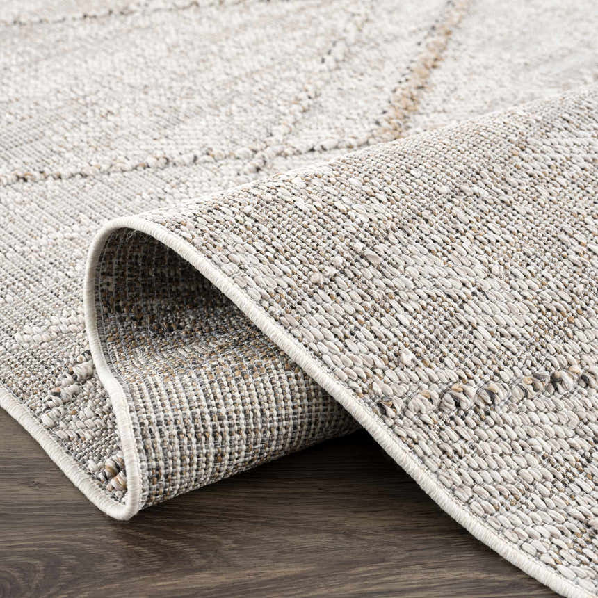 Close-up of the Baqer Bone & Tan Textured Performance Rug, showing the woven texture and neutral colors. Fold