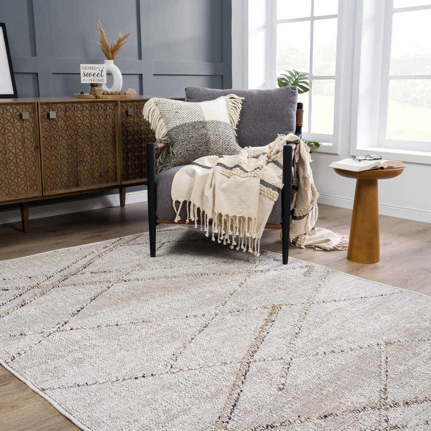 Living room scene with Baqer Bone & Tan Textured Performance Rug, gray chair, wood cabinet, and neutral decor. Roomscene-Rectangle