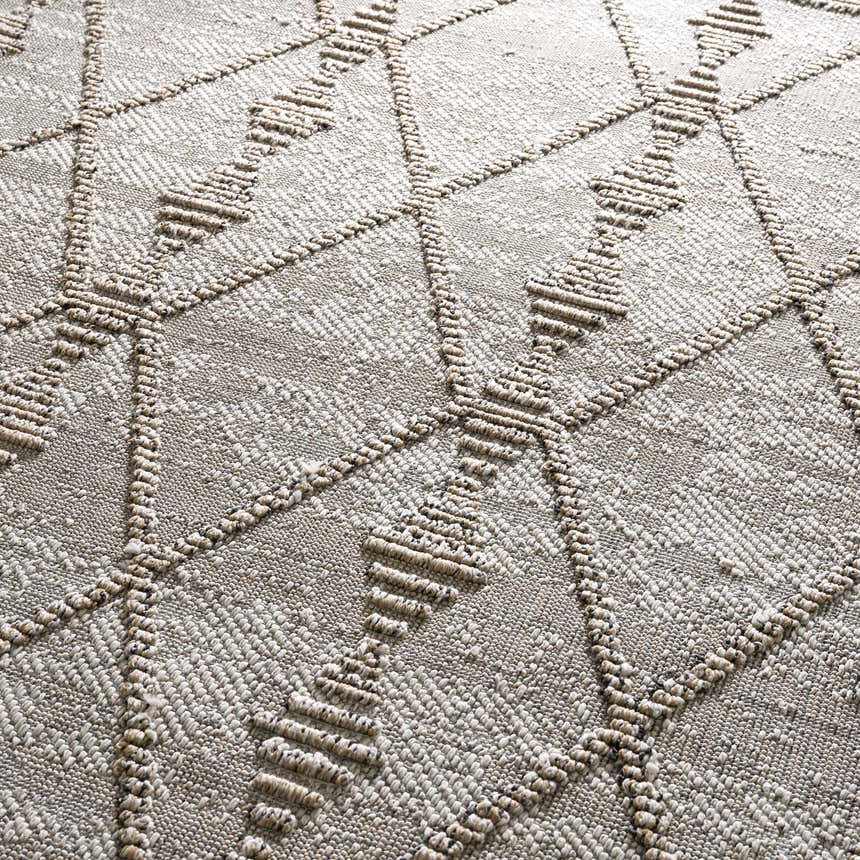 Close-up of the Nyla Bone & Tan Textured Performance Rug, featuring a geometric diamond pattern and woven texture. Texture