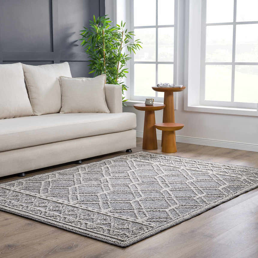 Living room scene with a Diah Black & Bone Area Rug, cream sofa, wood side tables, and a potted plant by a bright window. Roomscene-Rectangle