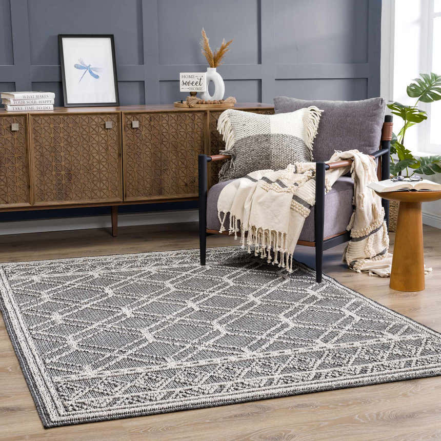 Living room scene with Diah Black & Bone Area Rug, gray chair, wood cabinet, and modern decor. Stylish and inviting. Roomscene-Rectangle