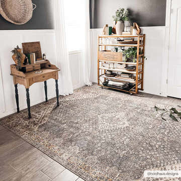 Farmhouse-style room with a beige, brown, and gray Seok Washable Area Rug. Traditional Persian Revival rug. Roomscene-Rectangle
