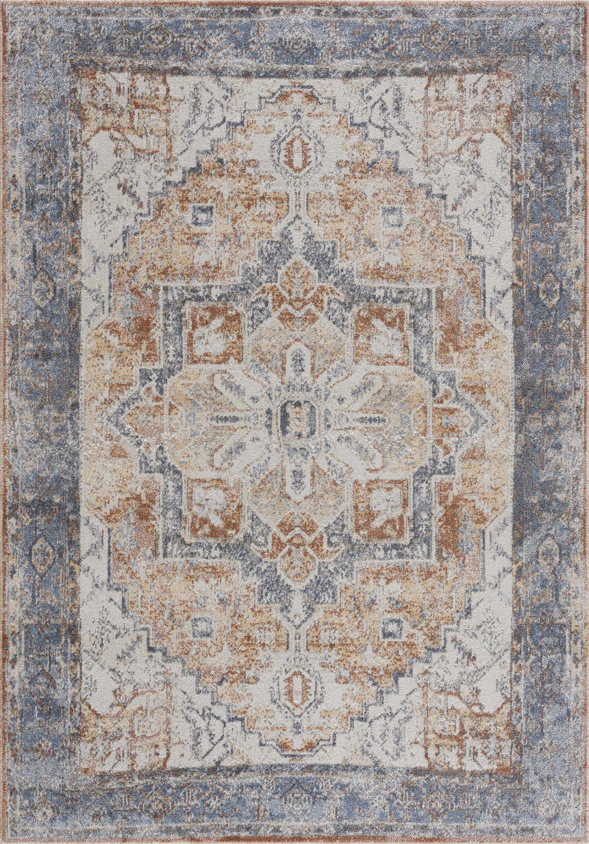 Close-up of the Blue Orange Hera Washable area rug. Traditional vintage design with blue, orange, and off-white colors. Design-Rectangle