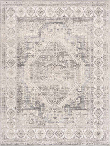 Close-up of Brend Taupe Medallion Area Rug featuring a traditional vintage design in cream and silver tones. Design-Rectangle
