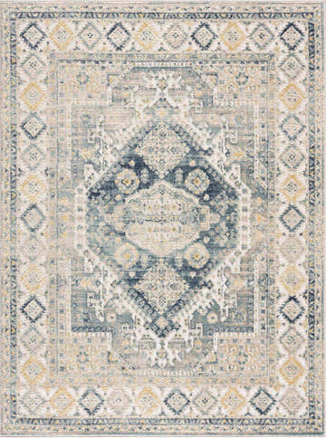 Close-up of the Brend Blue Medallion Area Rug. Beige rug with a traditional vintage blue medallion pattern. Design-Rectangle-57