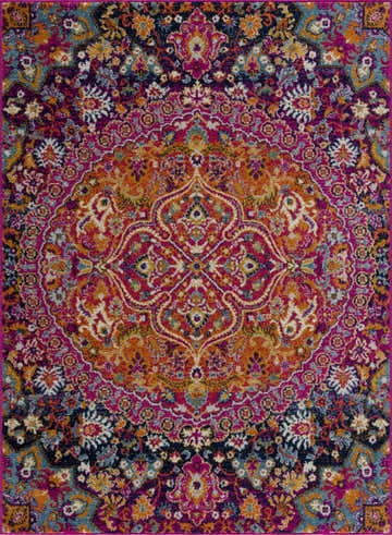 Detailed close-up of the Burnt Orange Ojus Area Rug, showcasing its bohemian floral pattern in burgundy, orange, and teal. Design-Rectangle-58