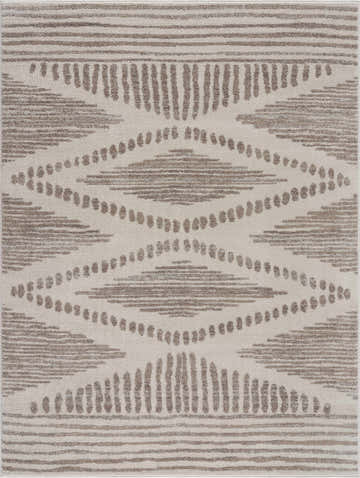 Close-up of Tigrisis Beige 2328 Area Rug. Farmhouse style rug with beige, gray, and ivory colors and a Moroccan-inspired pattern. Design-Rectangle-575
