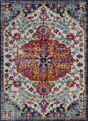 Detailed Simsbury Area Rug close-up. Traditional oriental design with dark blue, fuchsia, orange, and white colors. Design-Rectangle