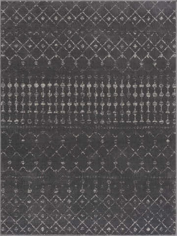 Close-up of the Tigrican Charcoal 2329 Area Rug. Features a black rug with an ivory Moroccan-inspired diamond pattern. Design-Rectangle