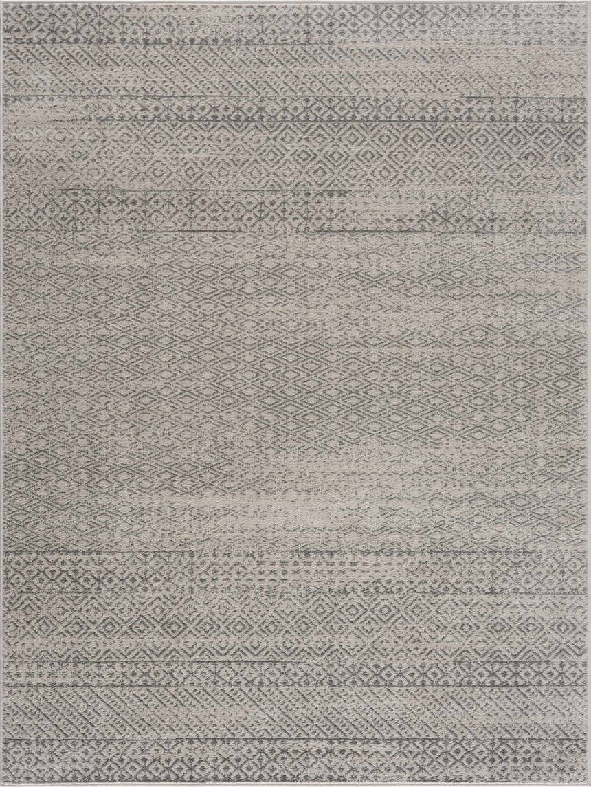 Close-up of Tigri Aztec Ivory & Gray Area Rug. Contemporary farmhouse style with geometric diamond pattern and subtle gray accents. Design-Rectangle