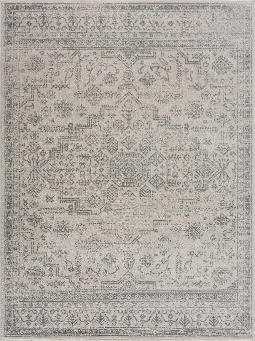 Close-up of the Tigried Ivory & Gray 2323 Area Rug, showcasing its traditional bohemian pattern and soft ivory and gray colors. Design-Rectangle