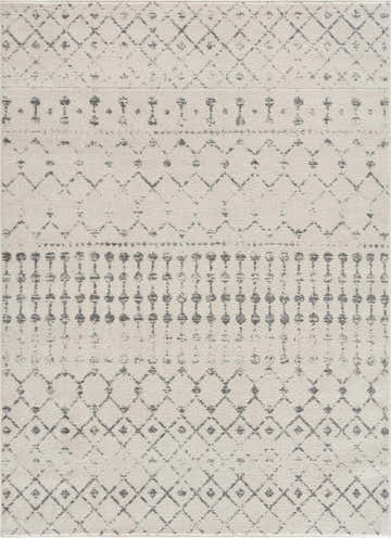 Close-up of the Marash KMRSH-4606 area rug, showcasing its cream and gray geometric pattern and soft polypropylene texture. Design-Rectangle