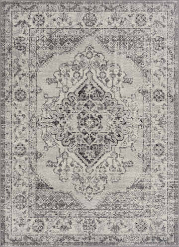 Close-up of the Marash KMRSH-4615 area rug in black, gray, and ivory. Traditional bohemian design with a distressed texture. Design-Rectangle