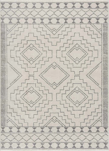 Close-up of KMRSH-4614 Ivory Tribal Carpet. Bohemian style rug with gray geometric diamond and tribal patterns. Design-Rectangle