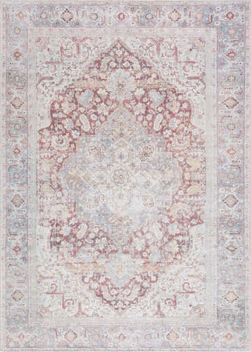 Detailed view of the Cream Rust Leeston Washable Rug, showcasing its vintage-inspired, oriental pattern and brick red, cream, and light blue colors. Design-Rectangle