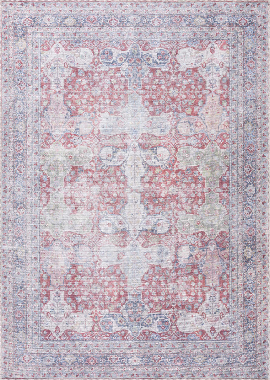 Detailed Rust Goma Vintage Area Rug featuring blush, brick red, and blue floral and geometric patterns. Design-Rectangle
