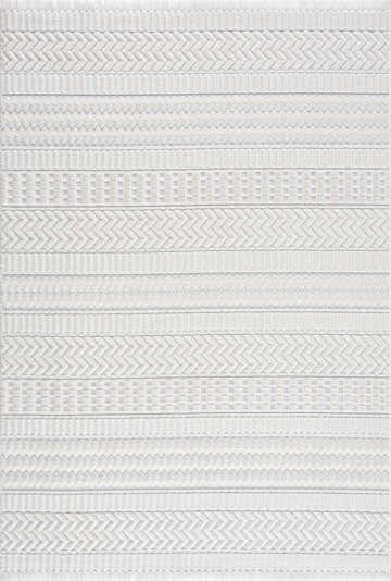 Close-up of the Ivory Cira Textured Trellis Fringe Area Rug, featuring a geometric pattern and soft white hues. Design-Rectangle-7234