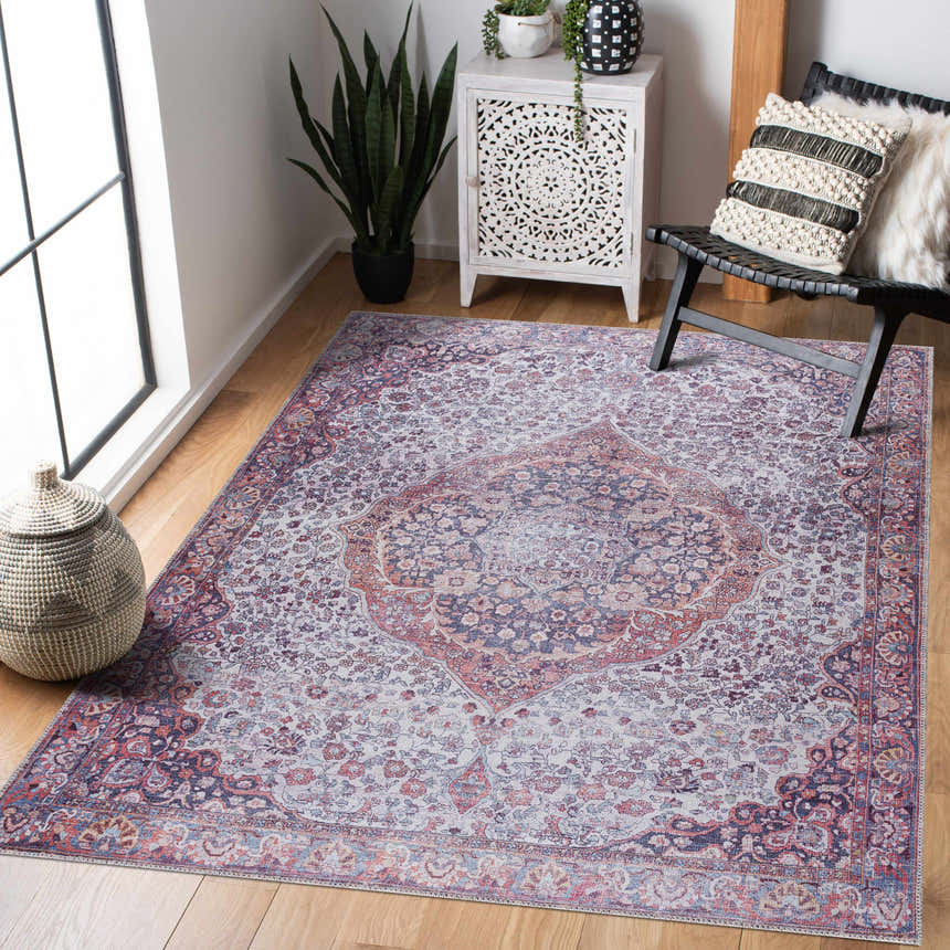 Living room scene with a Red Cael Tumble Dry Washable Rug, wood floors, black chair, and white cabinet. Vintage style. Roomscene-Rectangle