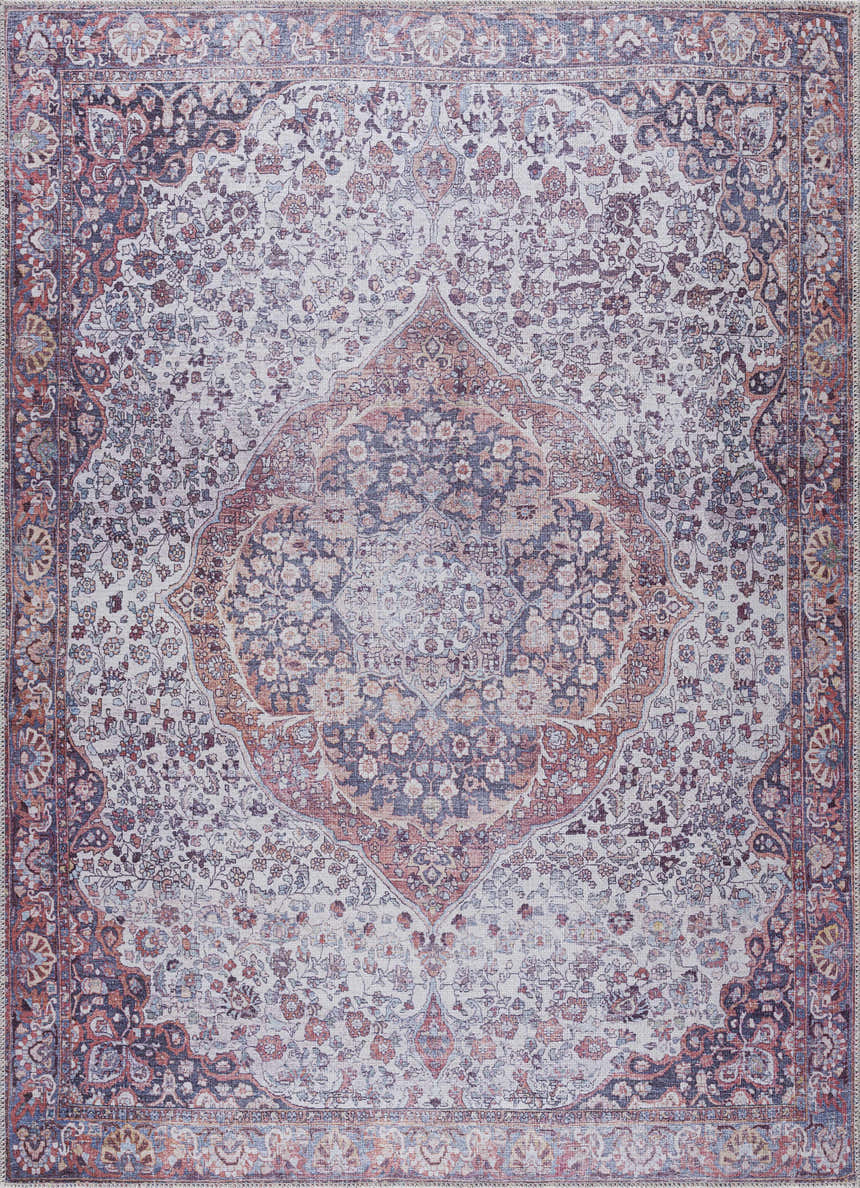 Close-up of the Red Cael Tumble Dry Washable Rug, showcasing its oriental, vintage pattern and colors: red, navy, and off-white. Design-Rectangle