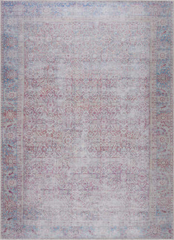 Close-up of the Dare Distressed Washable Rug. Cream rug with a traditional Persian pattern in dark pink, light blue, and off white. Design-Rectangle