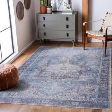 Living room scene with a blue and gray Pays Area Rug, dresser, leather pouf, and woven chair. Roomscene-Rectangle