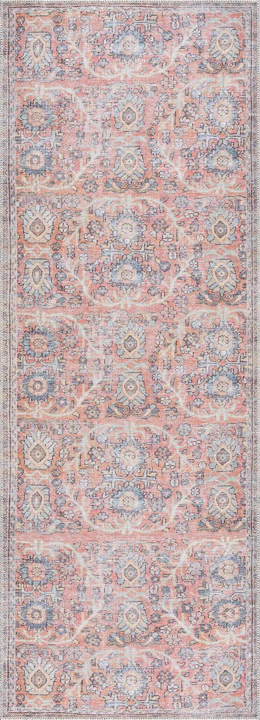 Close-up of the Urpi Rose & Blue Washable Area Rug, featuring a traditional Persian pattern in rose, blue, and beige tones. Design-Runner-2773