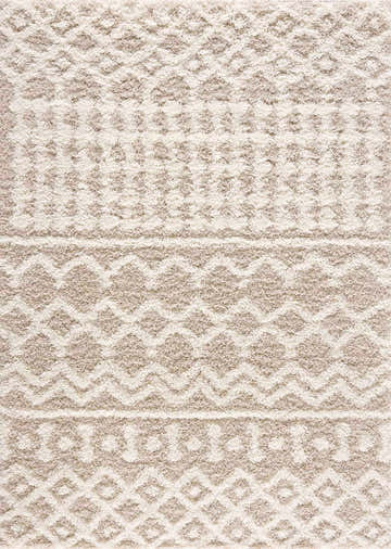 Close-up of the Prompton Cream Plush Area Rug featuring a geometric shag design in cream, light beige, and peach tones. Design-Rectangle-5373