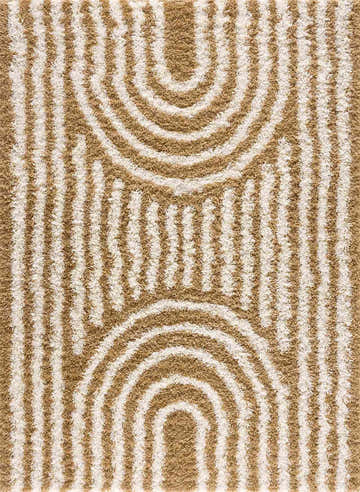 Close up of the Calup Shag Area Rug showing the bone and dark brown geometric pattern and shaggy texture. Design-Rectangle-5373
