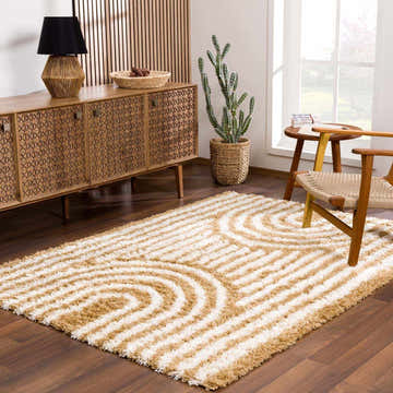 Living room scene with a bone and brown geometric Calup Shag Area Rug, wood furniture, and a potted cactus. Roomscene-Rectangle
