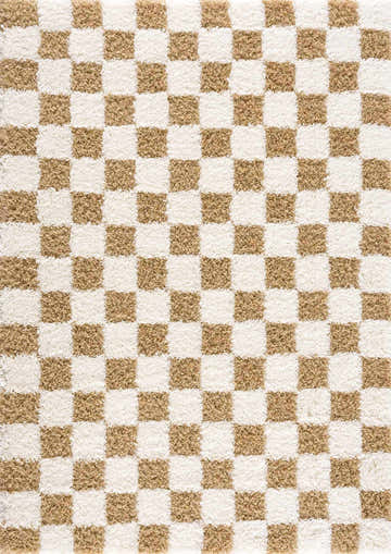 Close-up of the Atira Mustard Checkered Area Rug. Cream and mustard squares create a geometric shag pattern. Design-Rectangle-537
