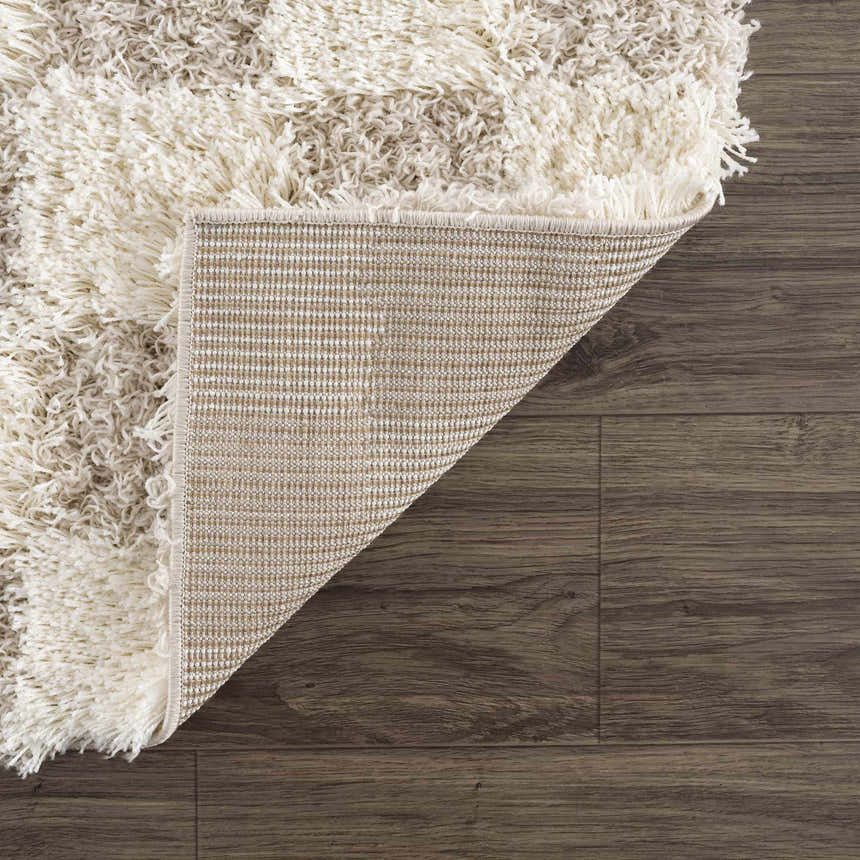 Close-up of the Atira Light Brown Checkered Area Rug showing shag texture, checkered pattern, and rug backing. Fold