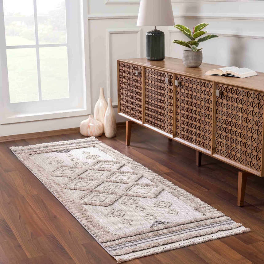 Entryway with Amaga High-Low Rustic Rug runner, geometric pattern, light beige and gray, wood console, and modern decor. Roomscene-Runner
