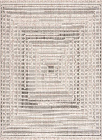Close-up of the Lunao Area Rug, featuring a geometric square pattern in beige, charcoal, cream, and gray hues. Design-Rectangle-5373