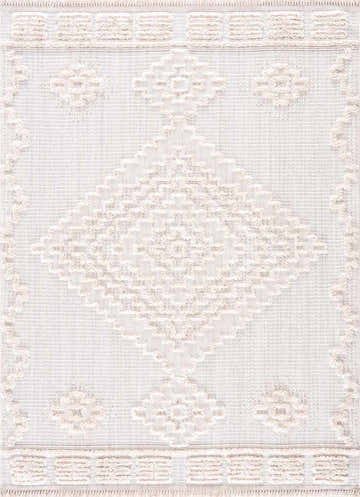 Close-up of the Rosales High-Low Rustic Rug. Cream polyester rug with a geometric diamond pattern and textured high-low design. Design-Rectangle-5373