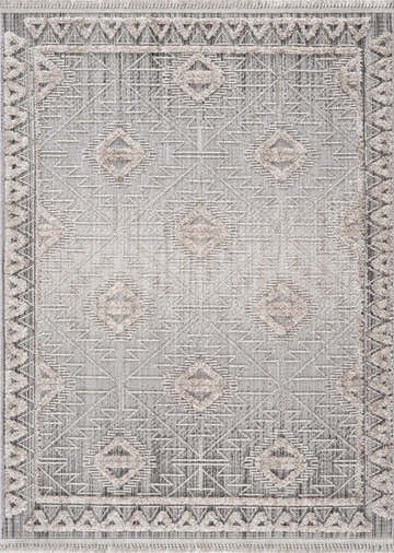 Close-up of Agoo High-Low Pile Rustic Rug. Charcoal, cream, and light gray geometric pattern with fringe detail. Design-Rectangle-537