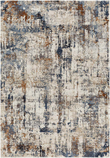 Close-up of the Abaca Abstract Thick Rug. Features blue, brown, and cream abstract patterns. Machine woven polypropylene rug. Design-Rectangle-5373