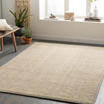 Neutral living room scene with a beige Abiera Area Carpet, wood bench, plants, and natural light. Roomscene-Rectangle
