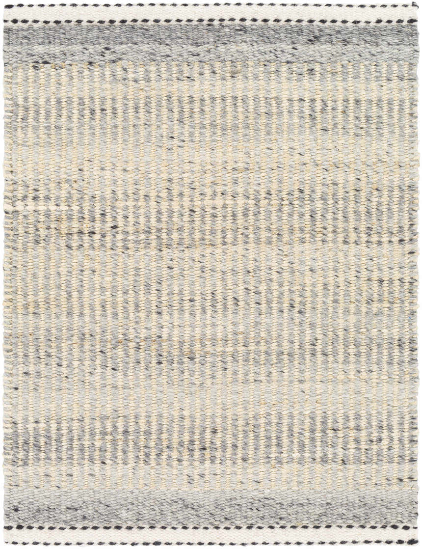 Close-up of the hand woven Abucay Jute Rug. Features charcoal, cream, light beige, and light gray stripes. Design-Rectangle-23
